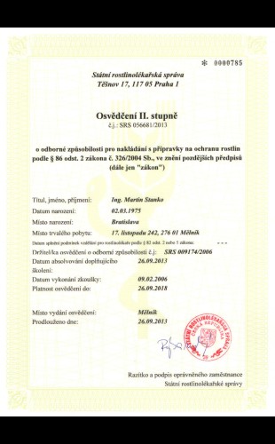 Osvědčení II. stupně pro nakládání s přípravky na ochranu rostlin